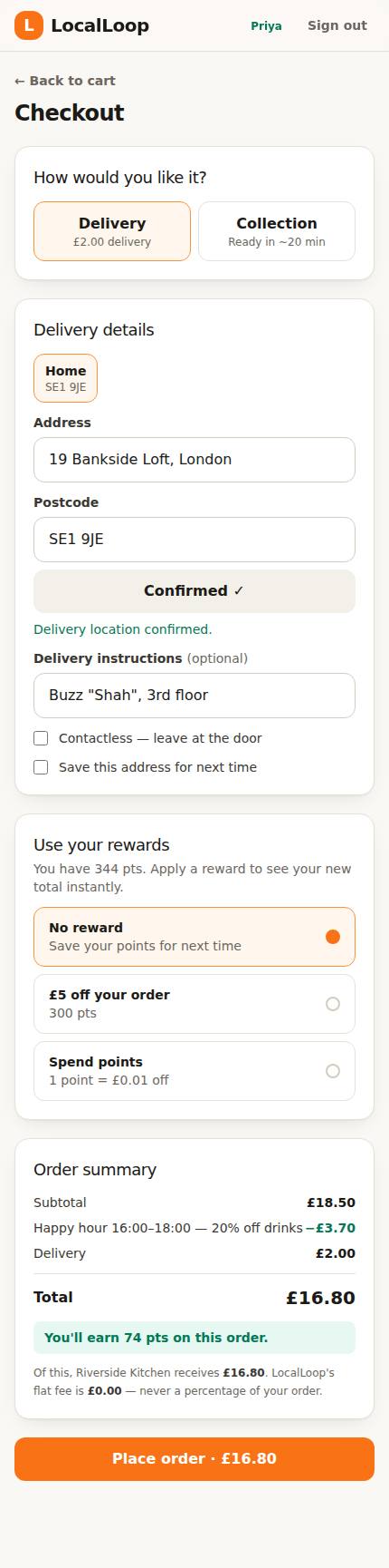 Checkout showing delivery or collection choice, rewards, and a transparent fee breakdown