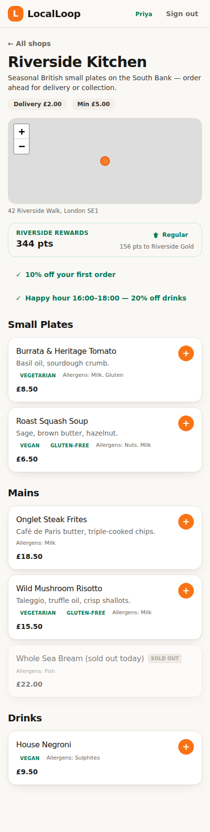 Customer browsing a shop's menu with prices, dietary tags and allergen info