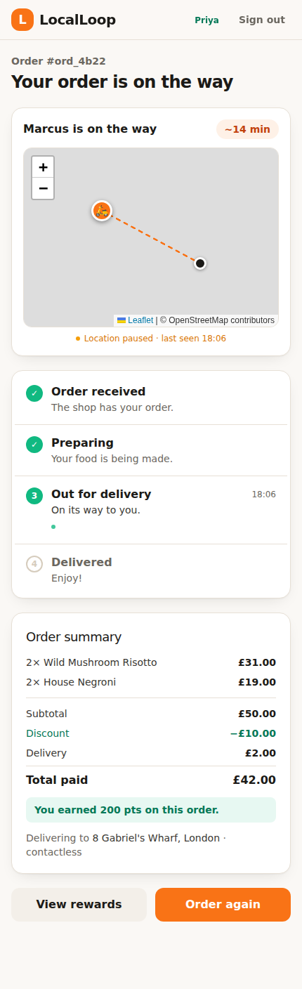 Live order tracking with a map showing the driver approaching
