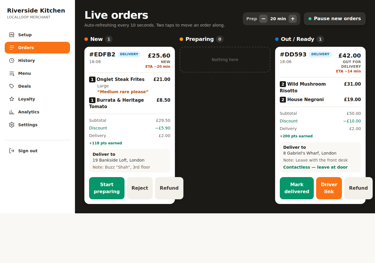 Live kitchen order board with orders moving through New, Preparing and Out for delivery