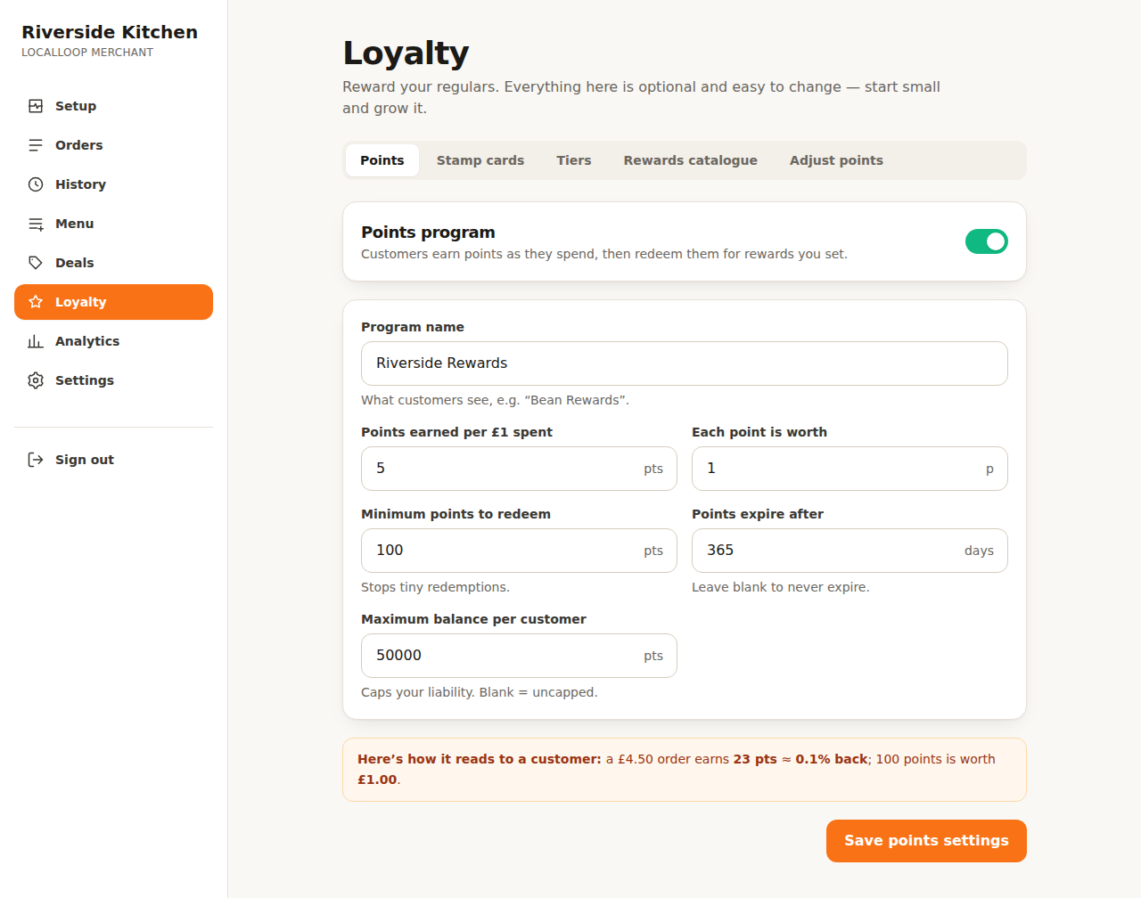 Loyalty configuration screen with points, stamp cards and tiers
